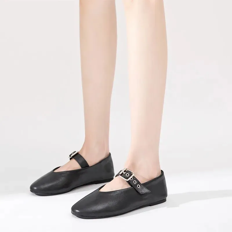 binfenxie  -   Women Mary Jane Shoes 2024 Autumn Natural Genuine Leather Vintage Women Shoes Pointed Toe Ballet Flat Casual Shoes Women