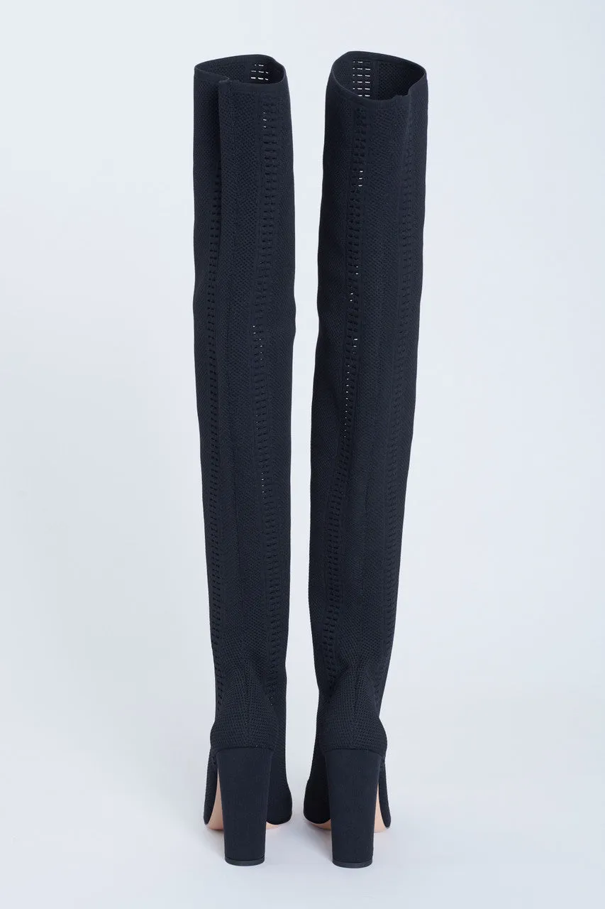 Black Perforated Stretch-Knit Over The Knee Preowned Boots