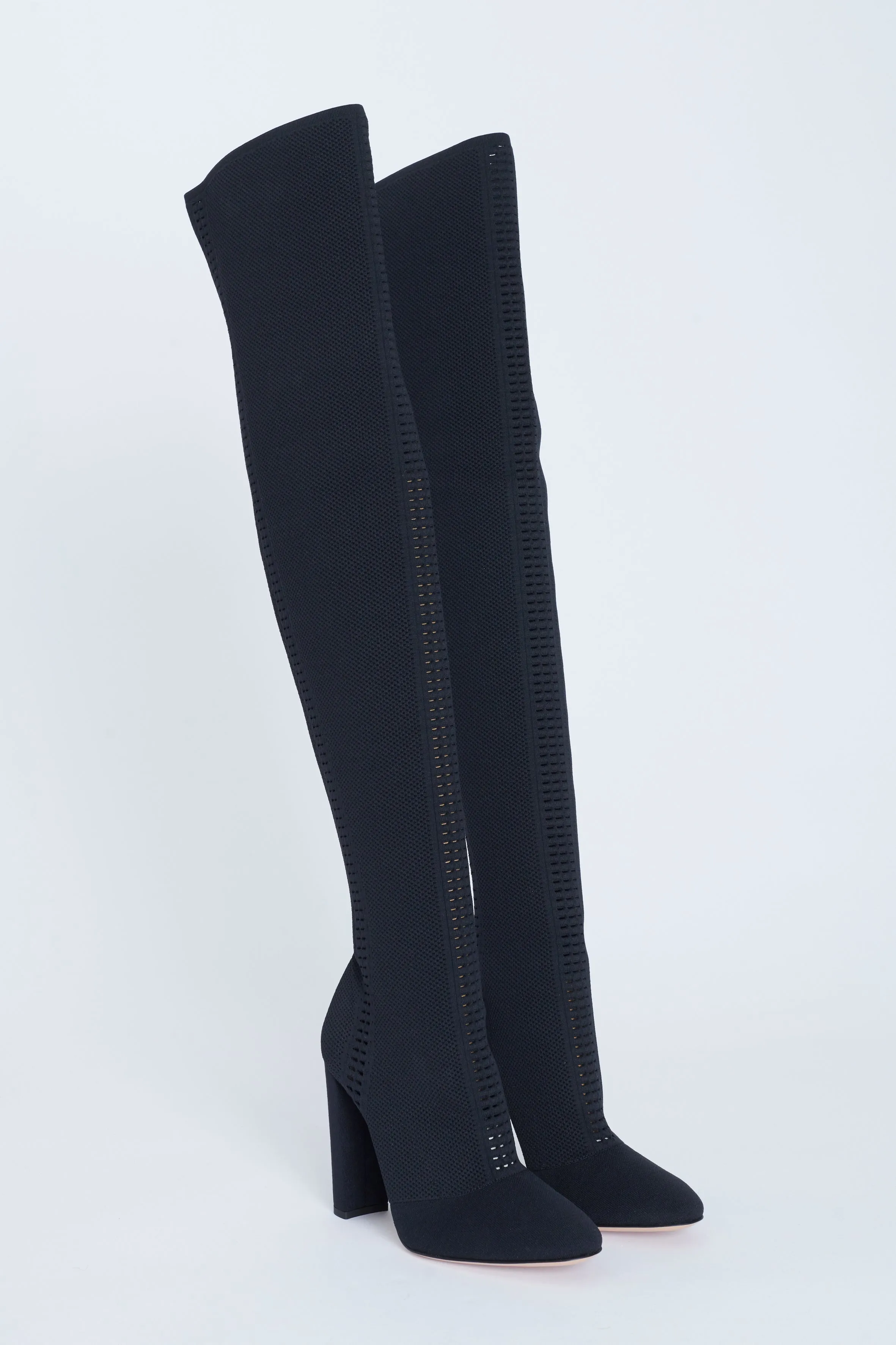 Black Perforated Stretch-Knit Over The Knee Preowned Boots