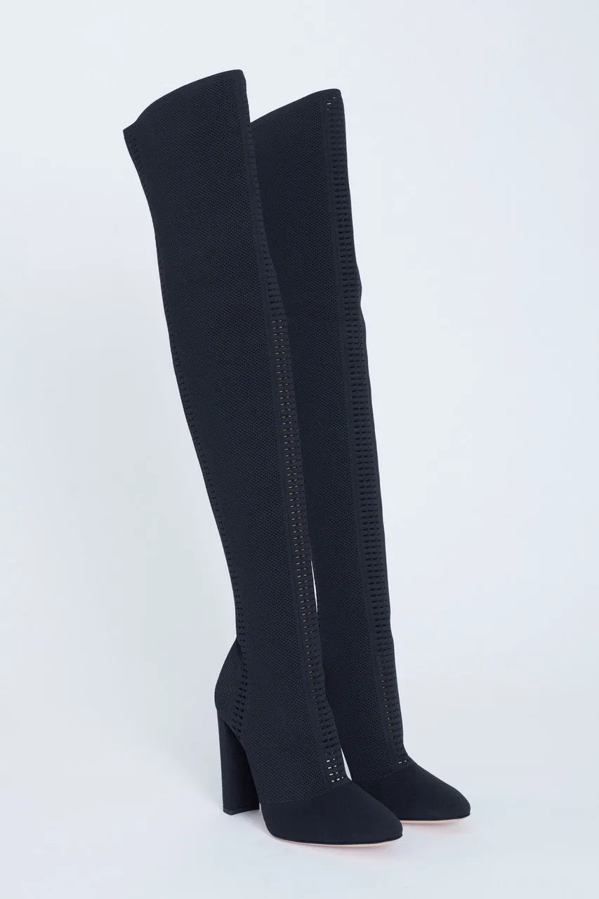 Black Perforated Stretch-Knit Over The Knee Preowned Boots