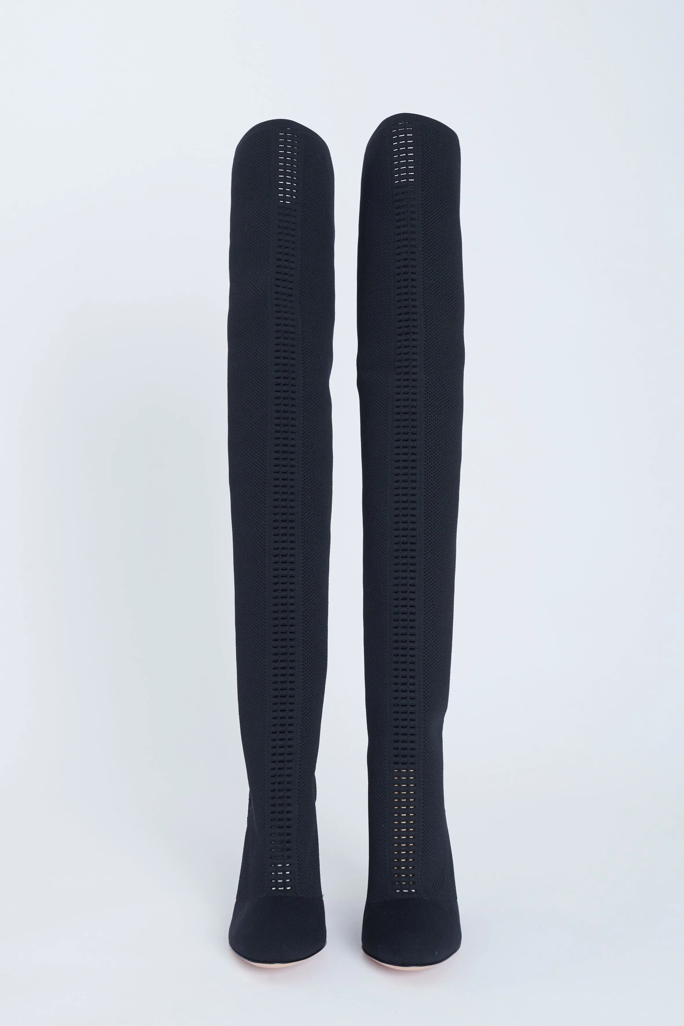 Black Perforated Stretch-Knit Over The Knee Preowned Boots