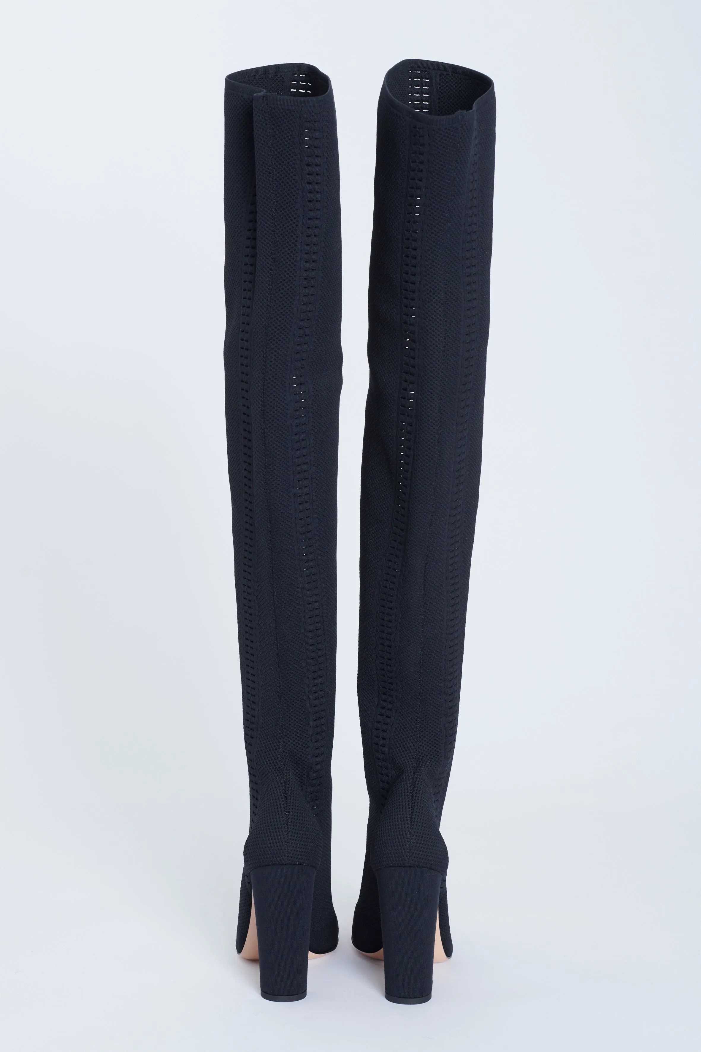 Black Perforated Stretch-Knit Over The Knee Preowned Boots
