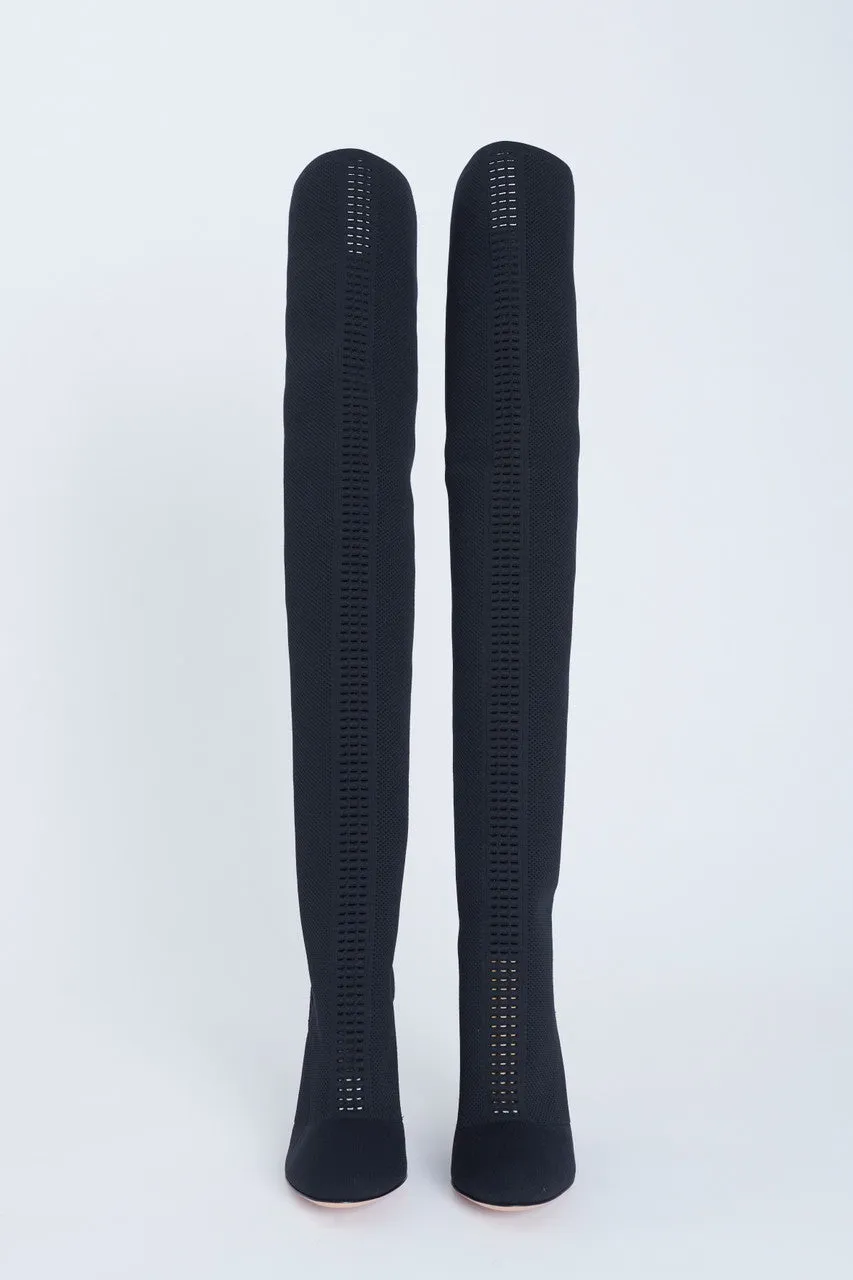 Black Perforated Stretch-Knit Over The Knee Preowned Boots