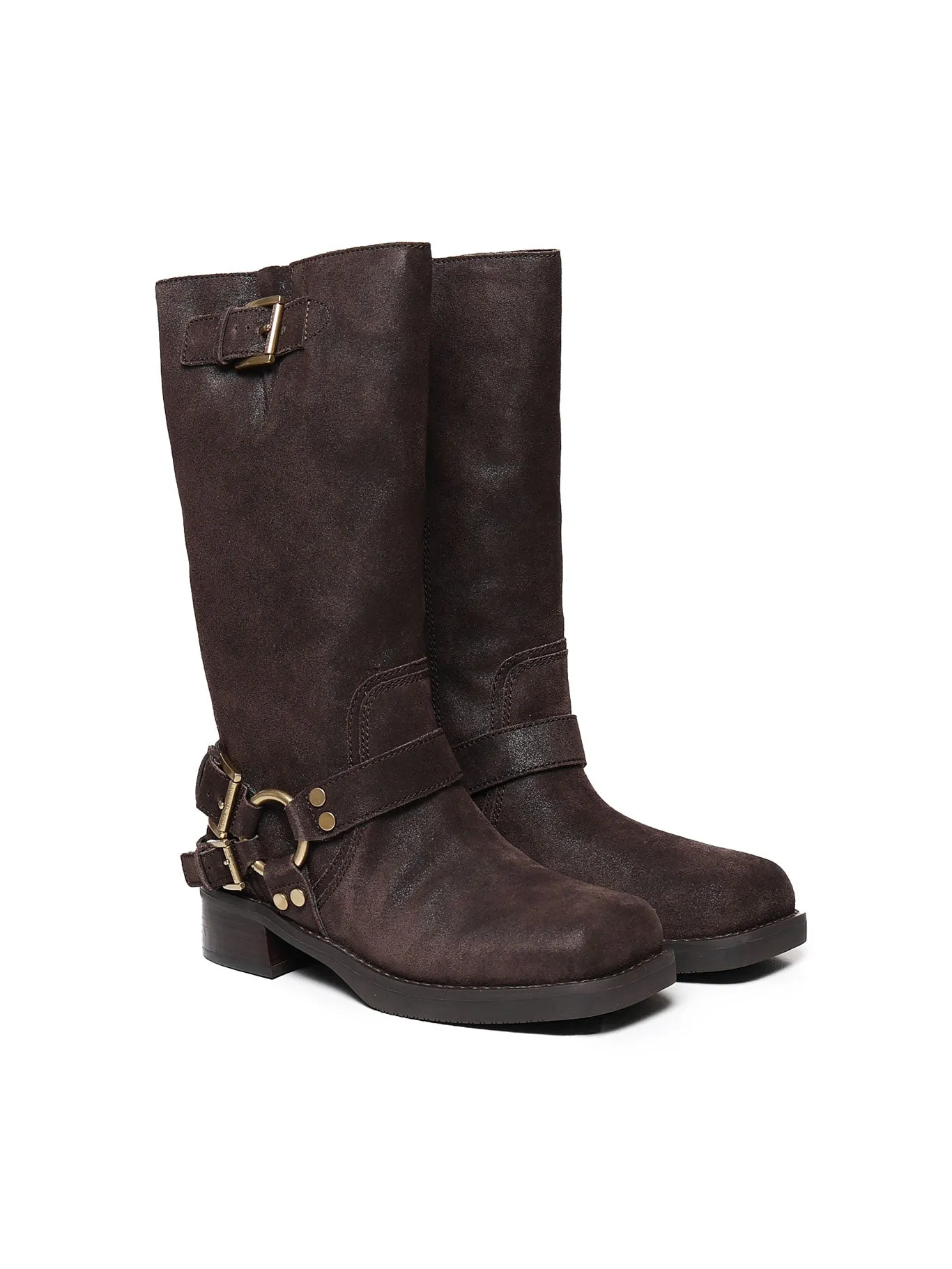 Brown Flat Leather Boots with Buckles