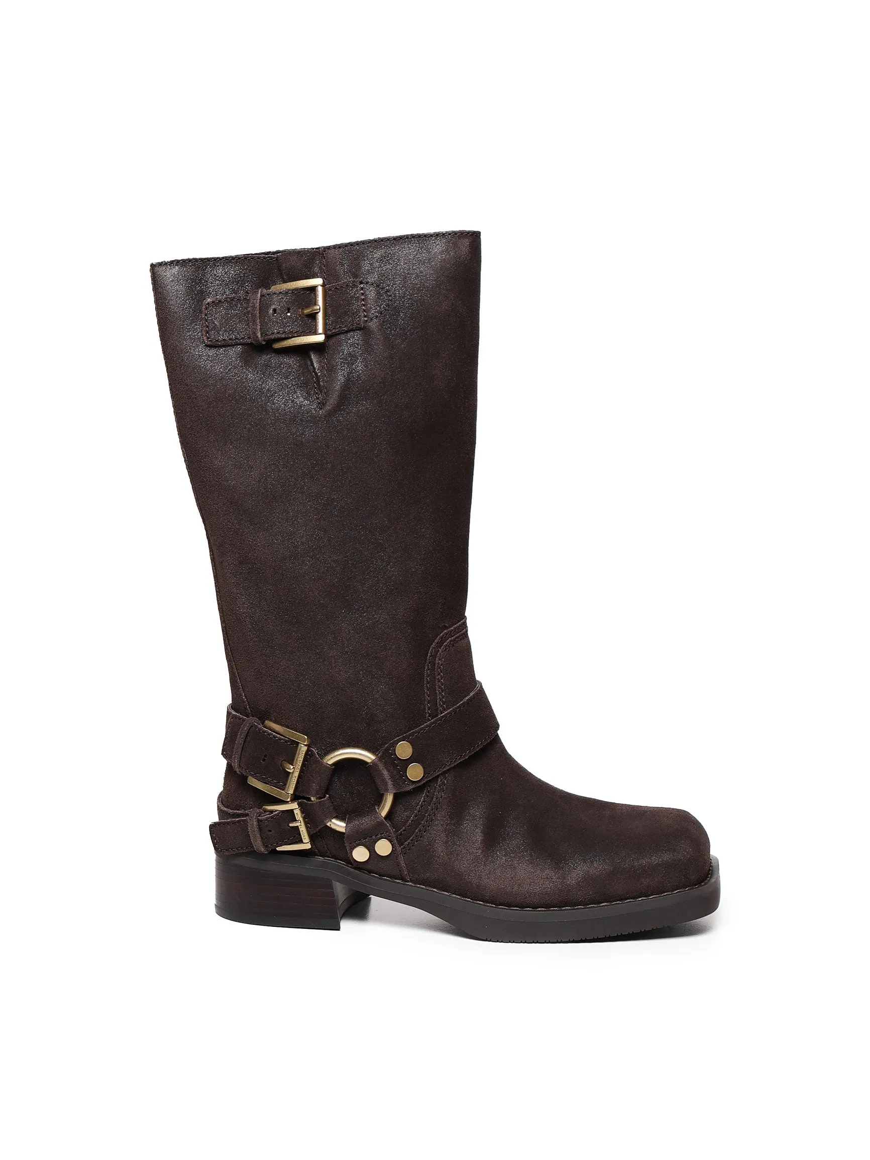 Brown Flat Leather Boots with Buckles