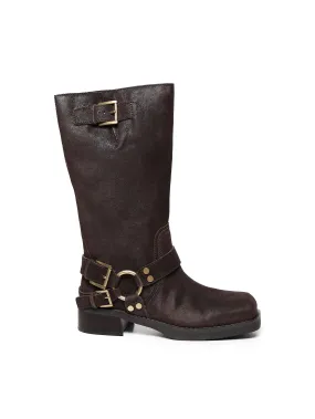Brown Flat Leather Boots with Buckles
