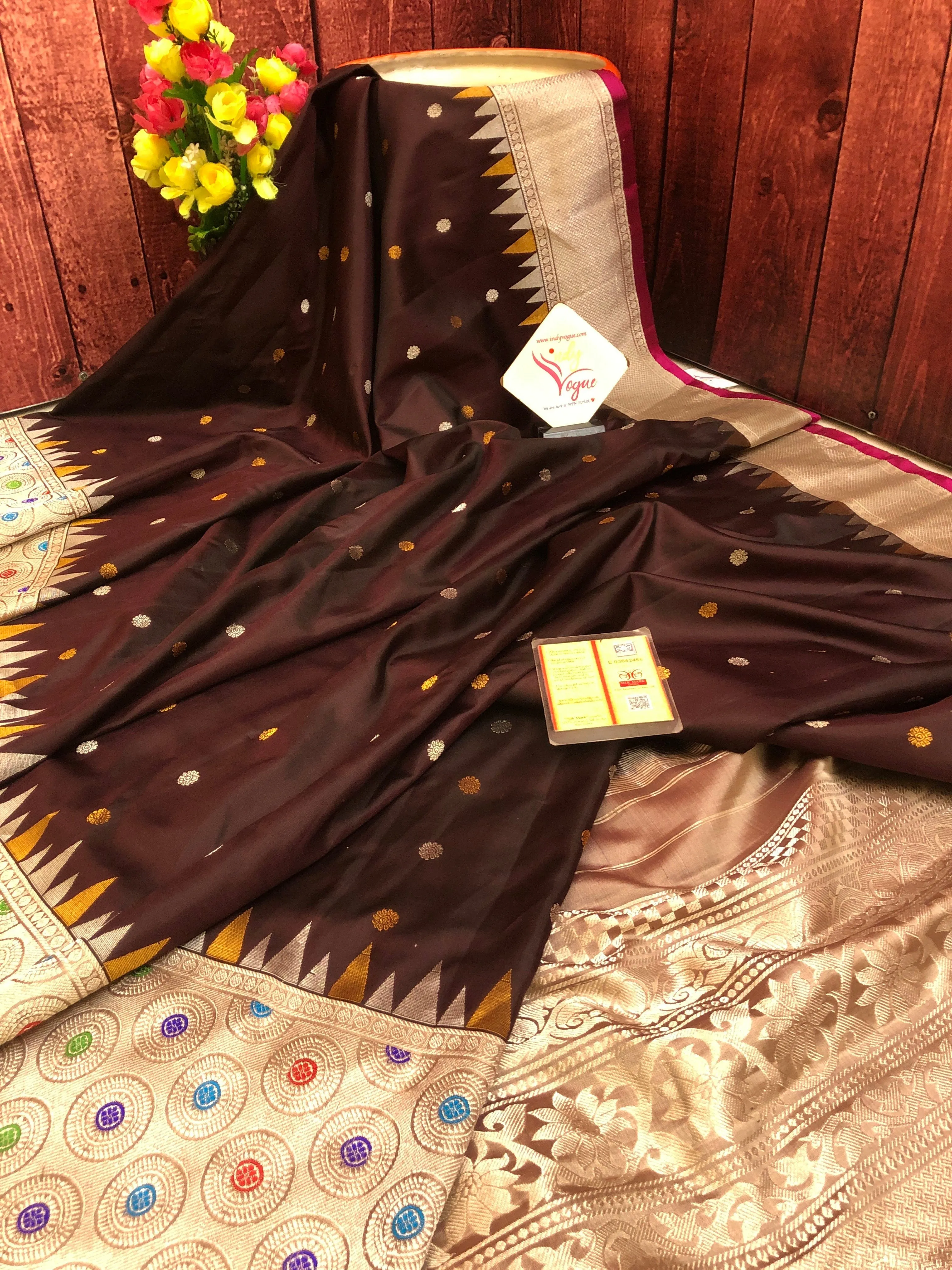 Dark Coffee Color Pure Gadwal Silk with Meenakari Border and Golden & Silver Zari Work