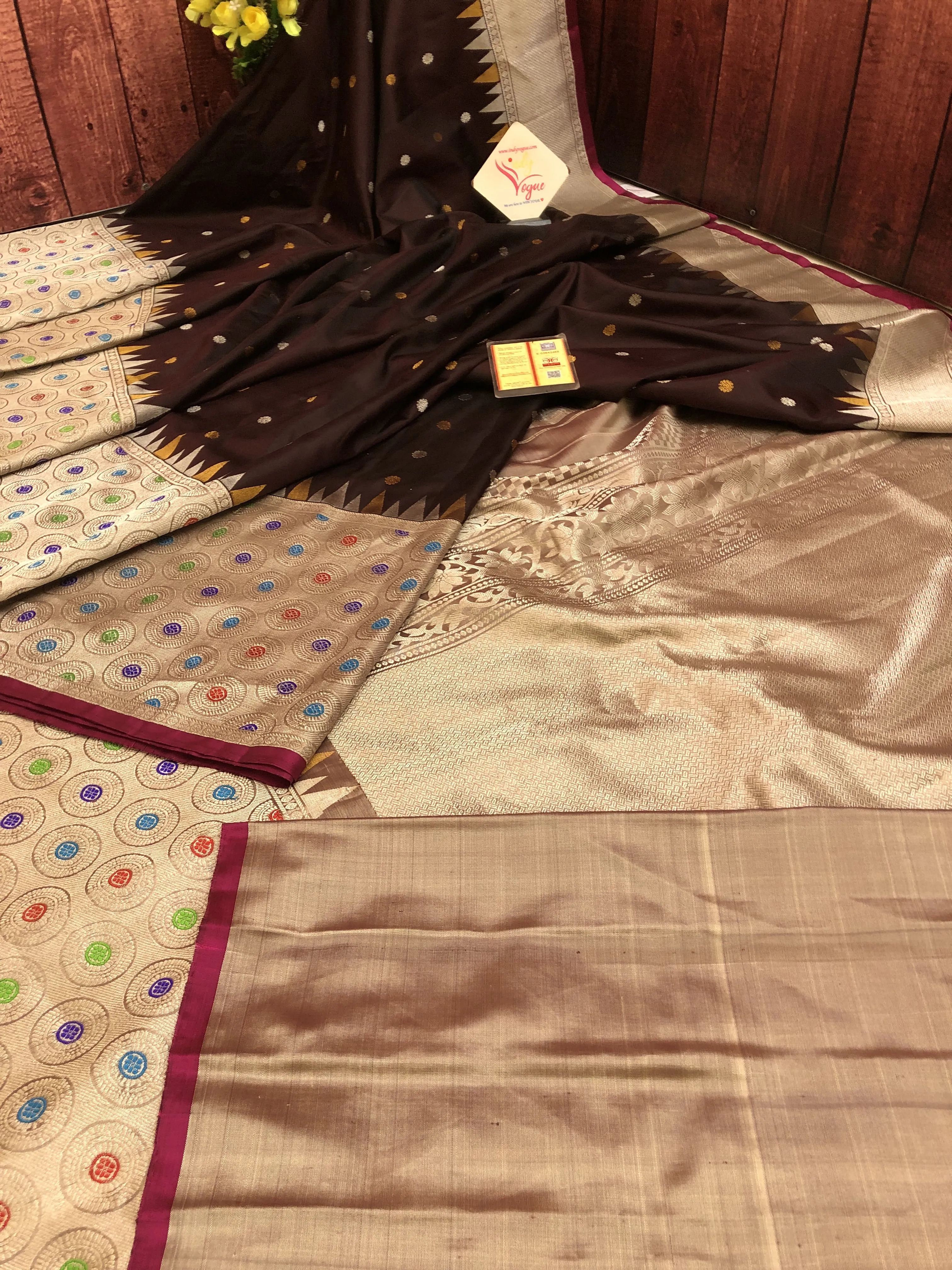 Dark Coffee Color Pure Gadwal Silk with Meenakari Border and Golden & Silver Zari Work