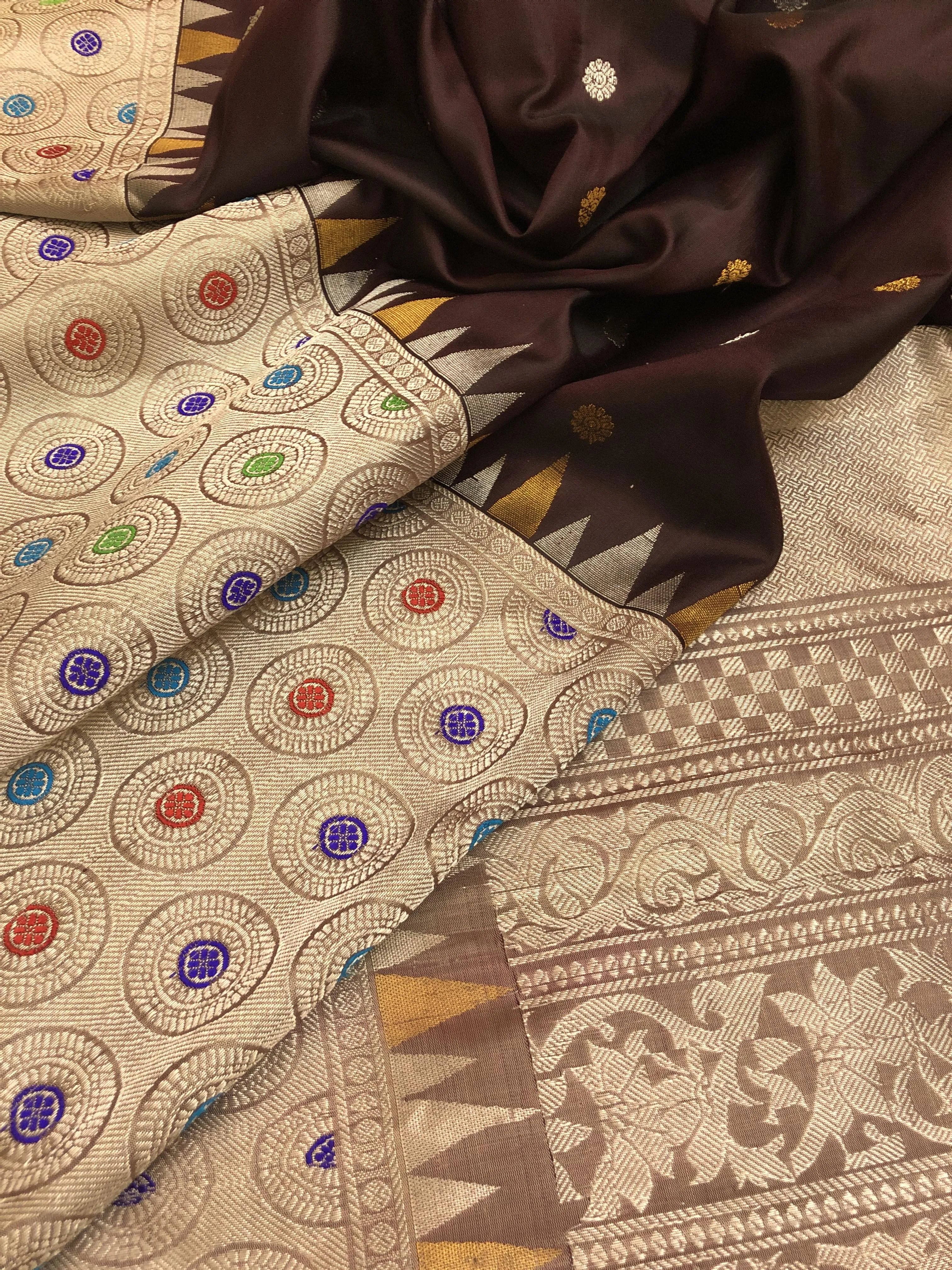 Dark Coffee Color Pure Gadwal Silk with Meenakari Border and Golden & Silver Zari Work