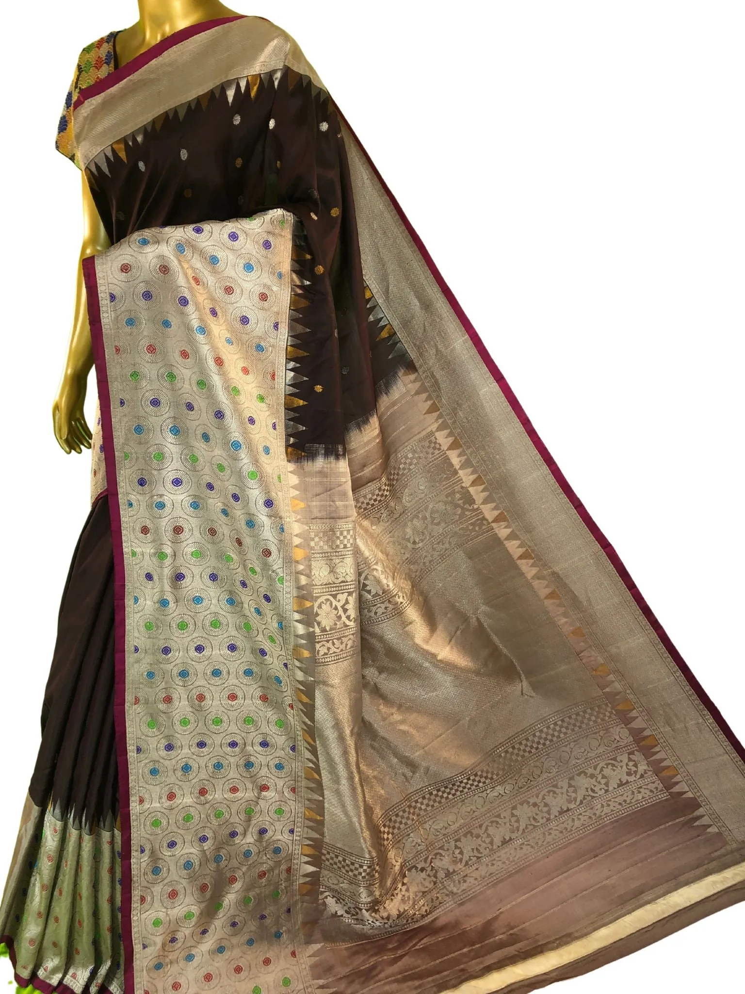 Dark Coffee Color Pure Gadwal Silk with Meenakari Border and Golden & Silver Zari Work