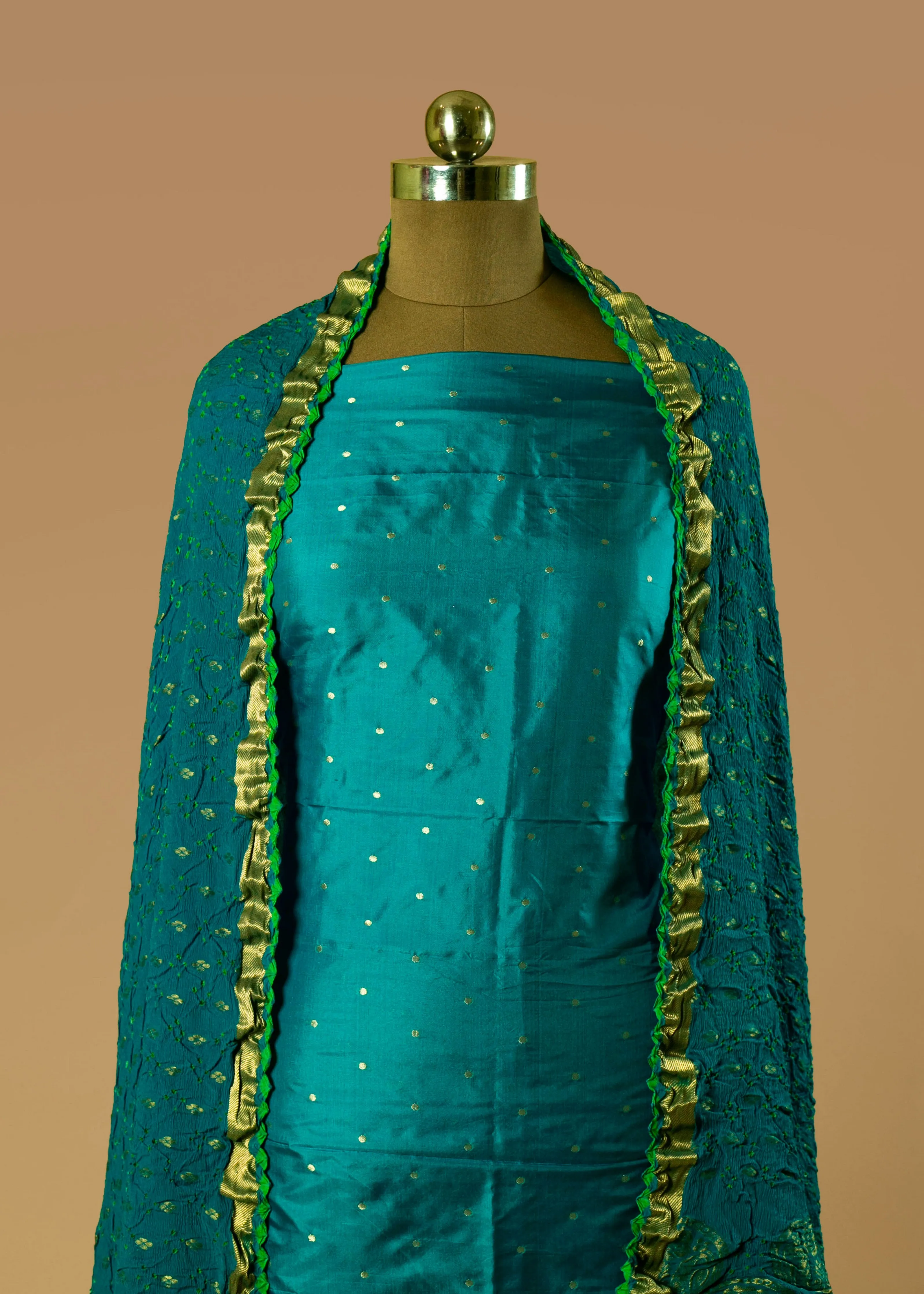 Exquisite Ferozi Bandhej Georgette Dupatta Suit with Pure Silk Buti Work