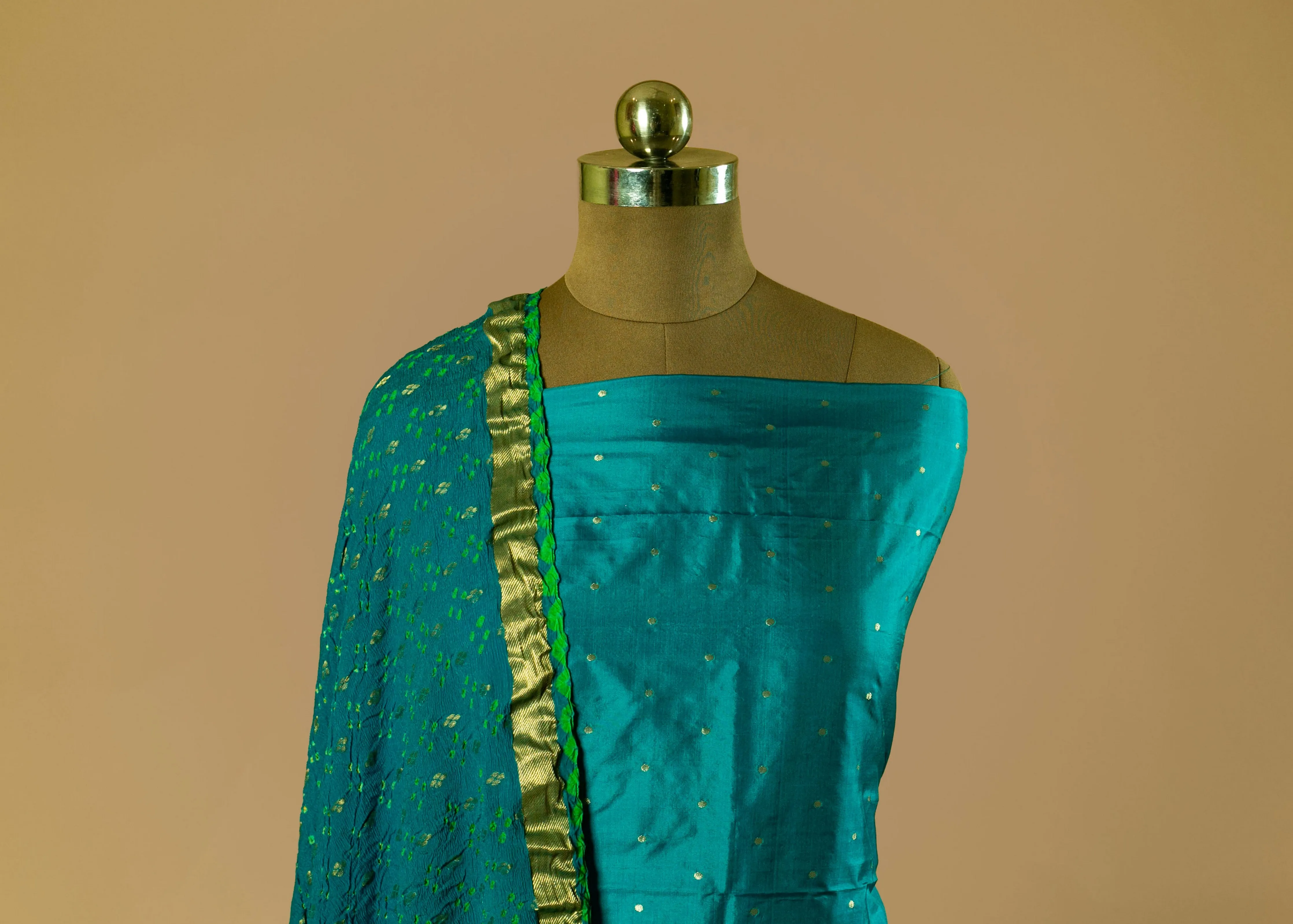 Exquisite Ferozi Bandhej Georgette Dupatta Suit with Pure Silk Buti Work