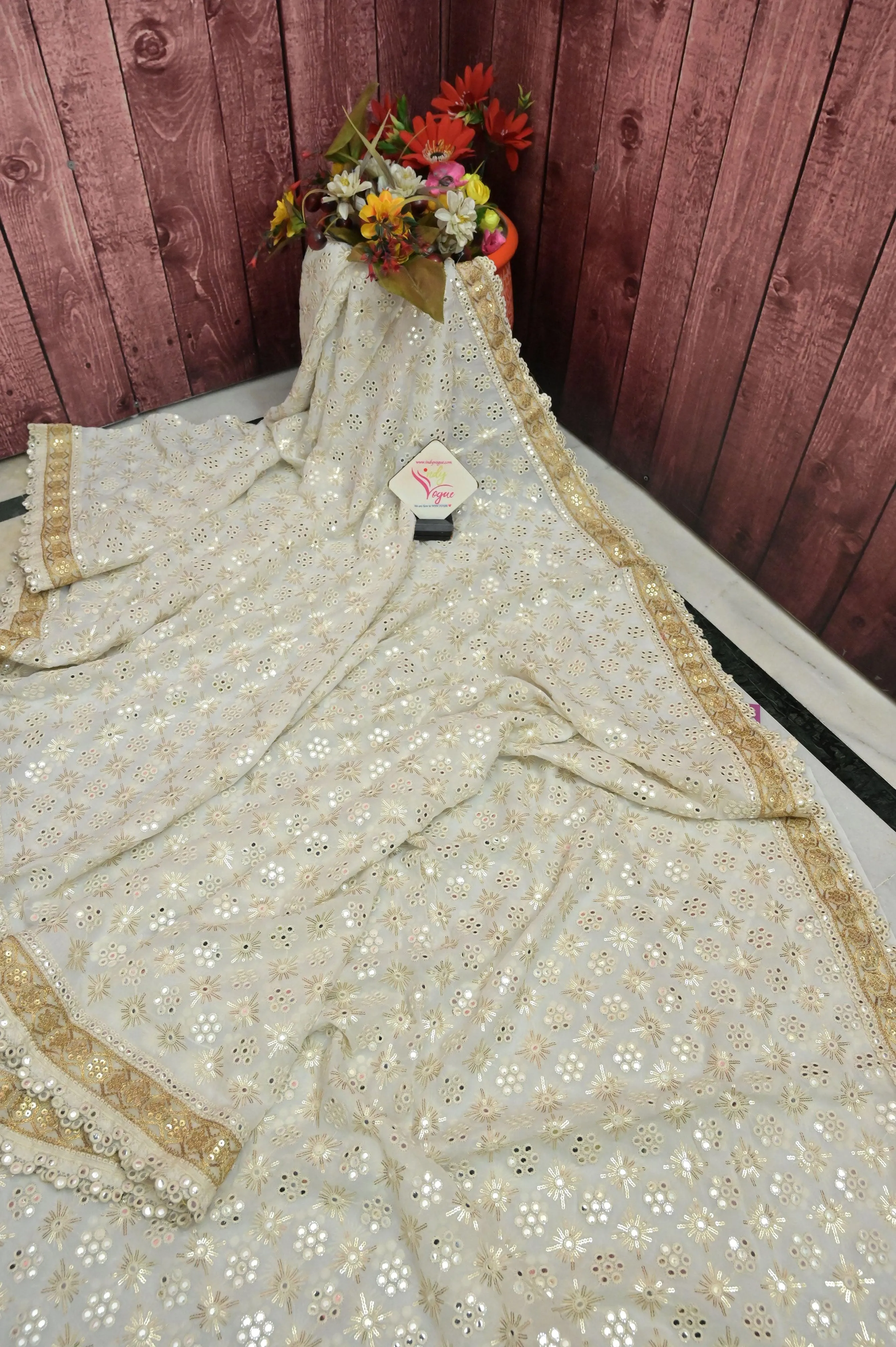 Offwhite Color Designer Georgette with Sequin and Mirror Embroidery Work
