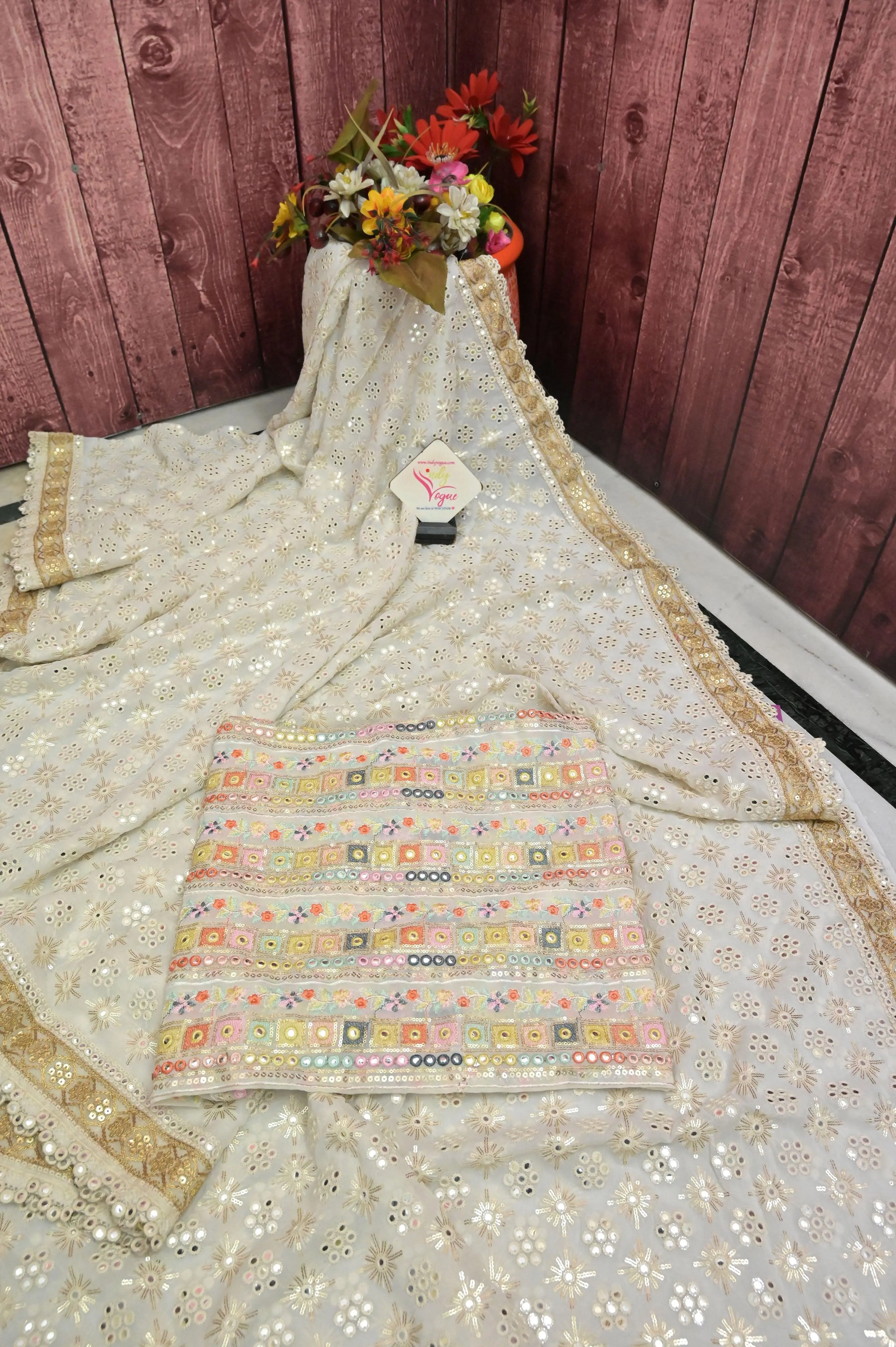 Offwhite Color Designer Georgette with Sequin and Mirror Embroidery Work