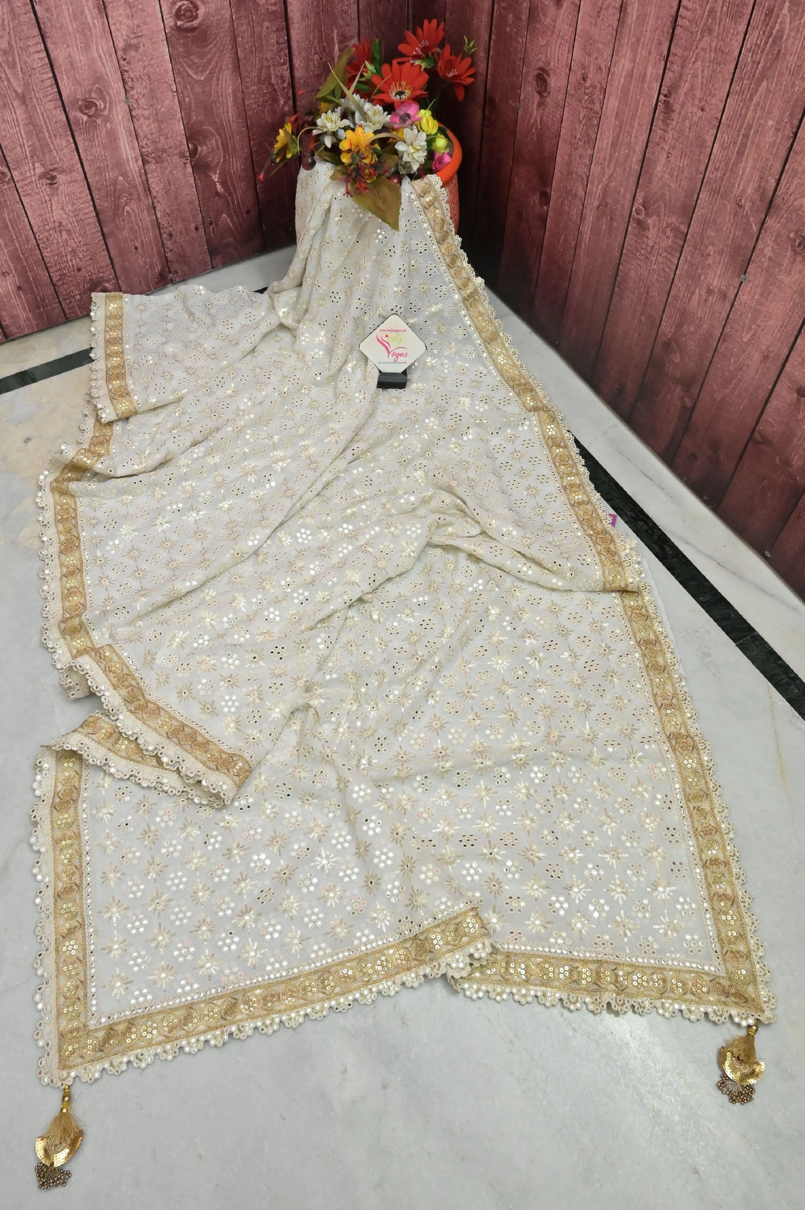 Offwhite Color Designer Georgette with Sequin and Mirror Embroidery Work