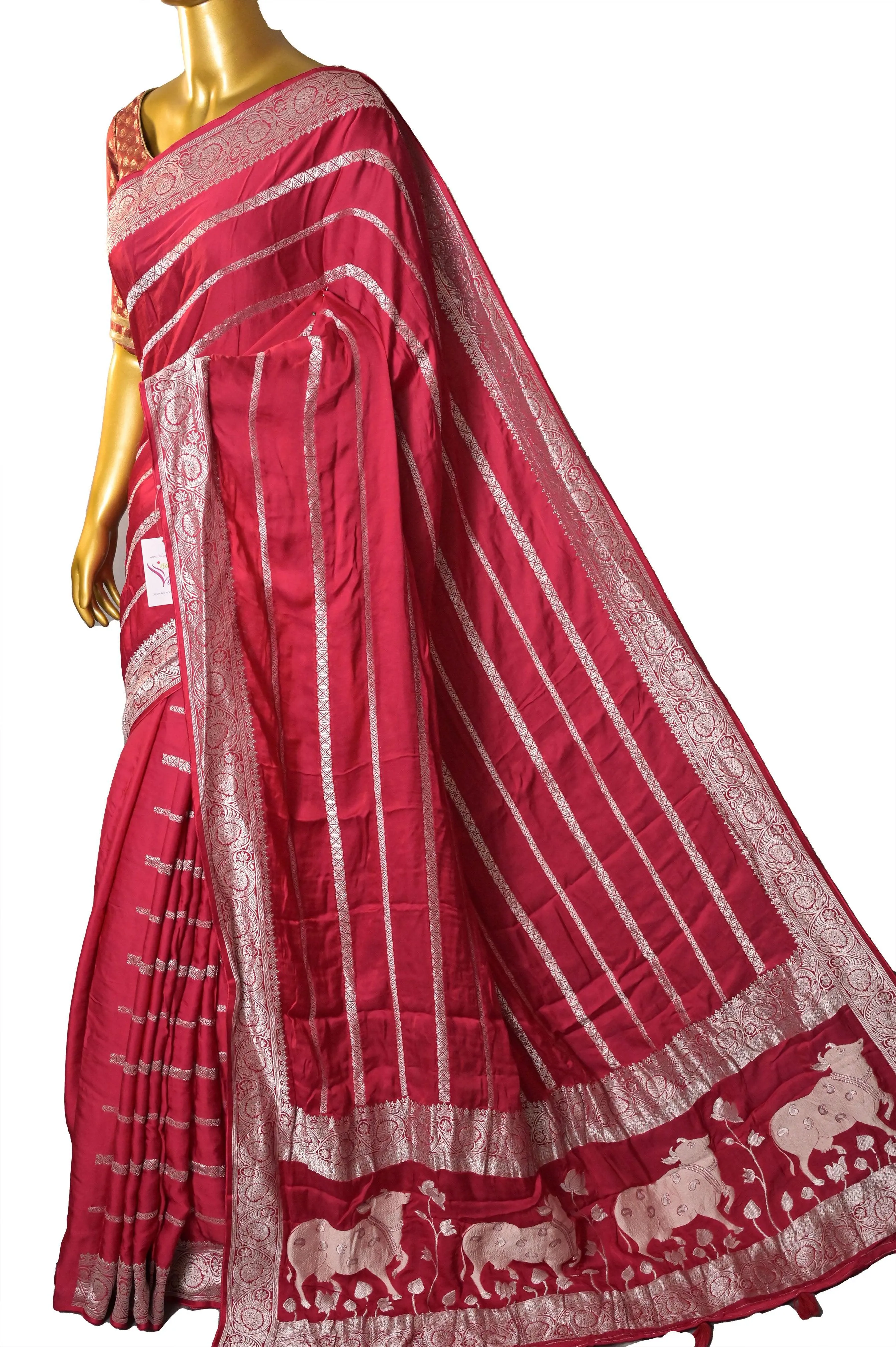 Red Color Satin Silk Banarasi Saree with Silver Zari Work