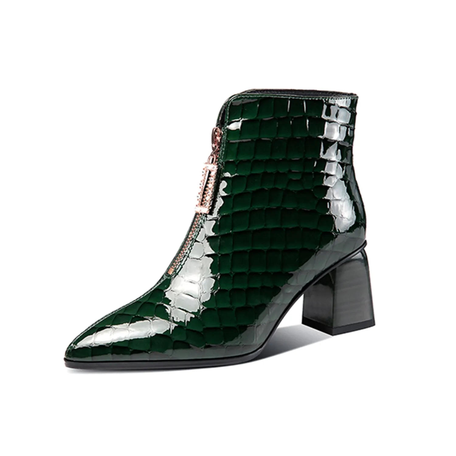TinaCus Patent Leather Women's Handmade Pointed Toe Chunky Heel Stylish Front Zipper Plus-Size Ankle Booties