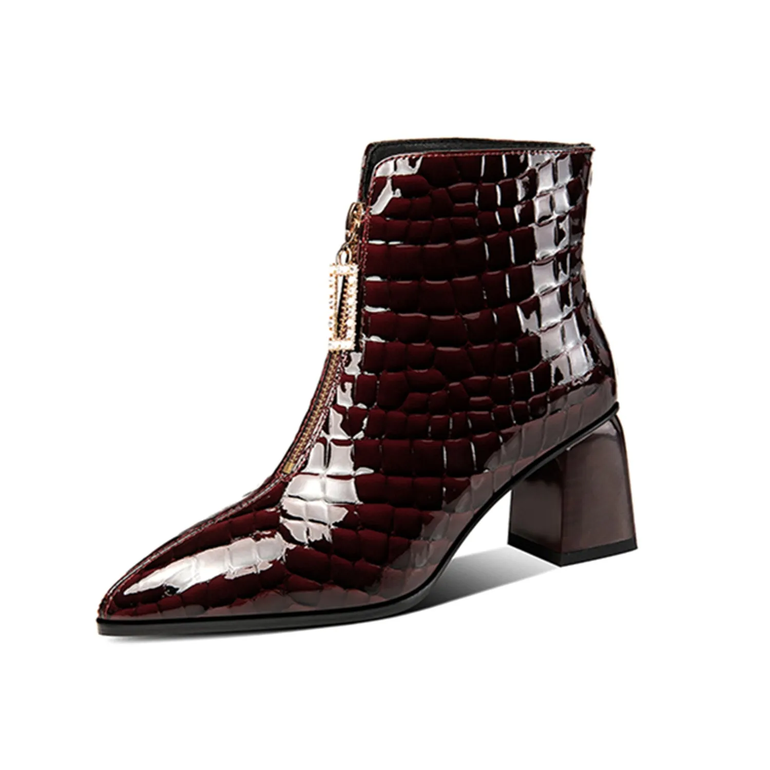 TinaCus Patent Leather Women's Handmade Pointed Toe Chunky Heel Stylish Front Zipper Plus-Size Ankle Booties