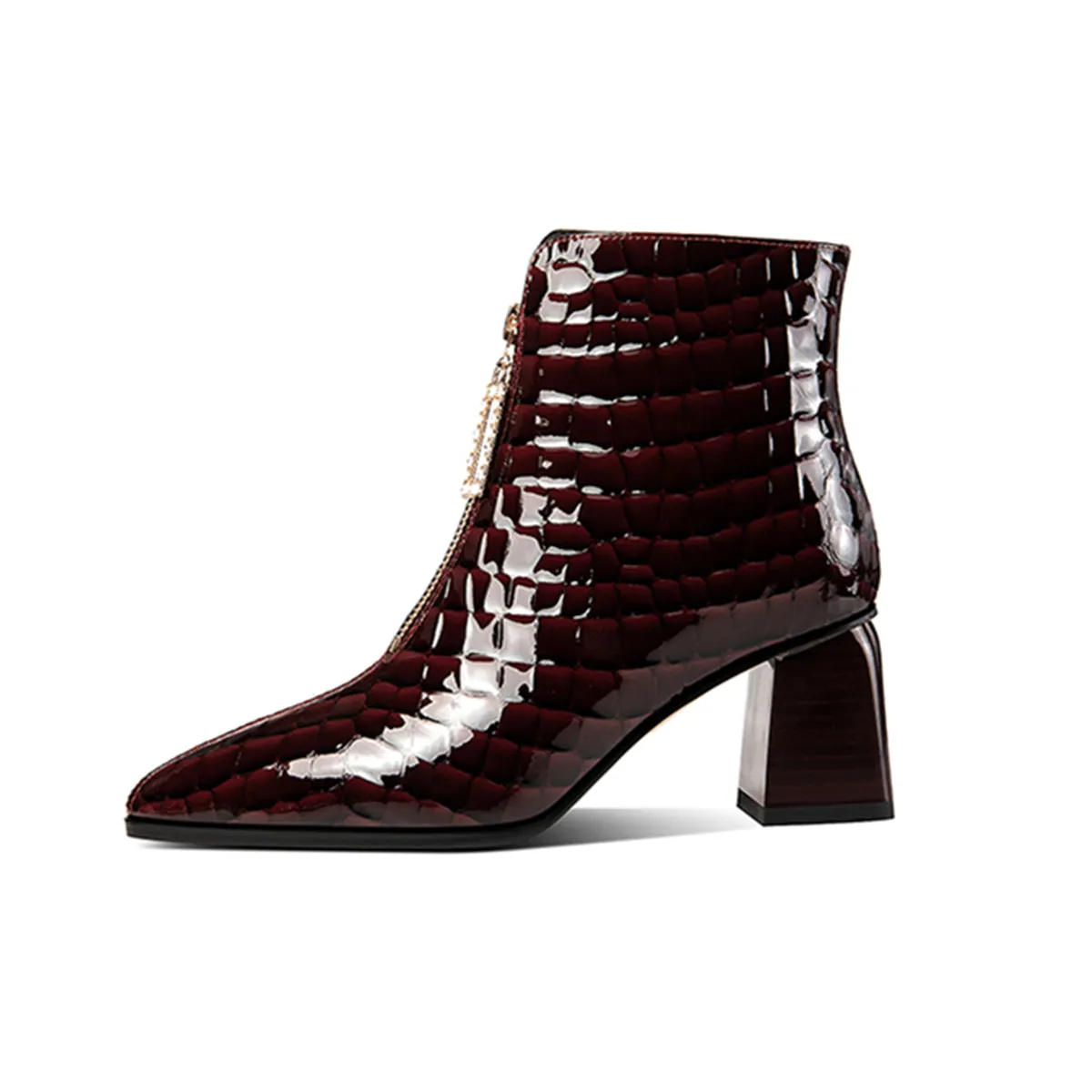 TinaCus Patent Leather Women's Handmade Pointed Toe Chunky Heel Stylish Front Zipper Plus-Size Ankle Booties